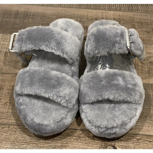 UGG Fuzz Yeah Womens Gray Sheepskin Platform Slides Slippers 1104662 Sz 10 NWOB - Picture 4 of 16